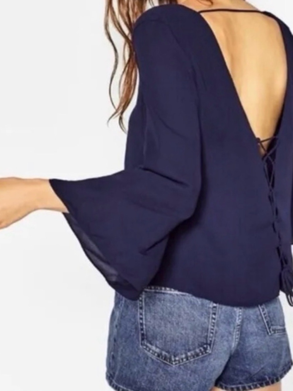 Zara Deep-Back Bell Sleeve Top in Navy